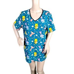 Disney Scrub Top Womens Large Multicolored Winnie The Pooh Medical Nurse Doctor‎